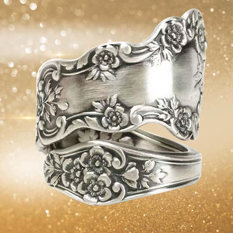 Hongde 925 Sterling Silver Utleniony regulowany pierścionek z łyżką \„Zabytkowy język kwiatów\