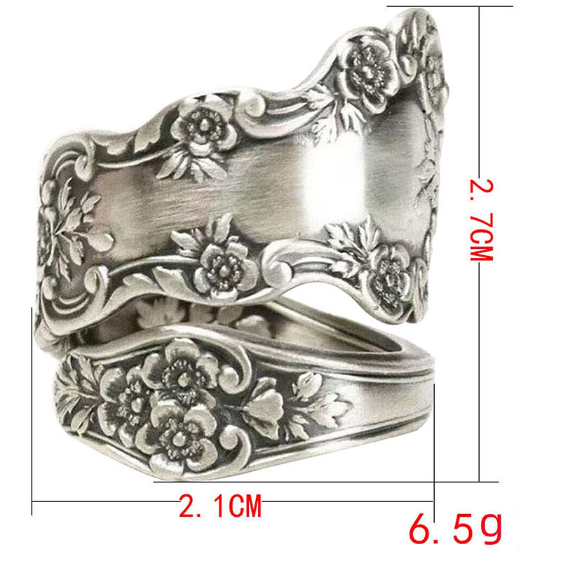 Hongde 925 Sterling Silver Utleniony regulowany pierścionek z łyżką \„Zabytkowy język kwiatów\