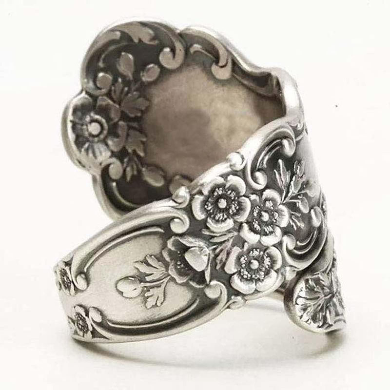 Hongde 925 Sterling Silver Utleniony regulowany pierścionek z łyżką \„Zabytkowy język kwiatów\