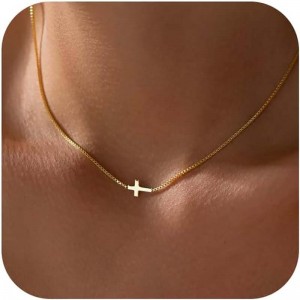Naszyjnik z krzyżem dla kobiet 14K prawdziwe złoto posrebrzane delikatny mały krzyż wisiorek Choker prosty modny śliczny krzyż wisioreknaszyjnik łańcuch wiara biżuteria religijny minimalistyczny prezent