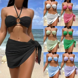 Sexy Bikini Swimsuit Trzy trzy-zestaw kawałków z czystą spódnicą, kantar-Styl szyi, stały kolor strojów kąpielowych dla kobiet, dostępne w magazynie i wiele kolorów SY816 Cena:$79,99