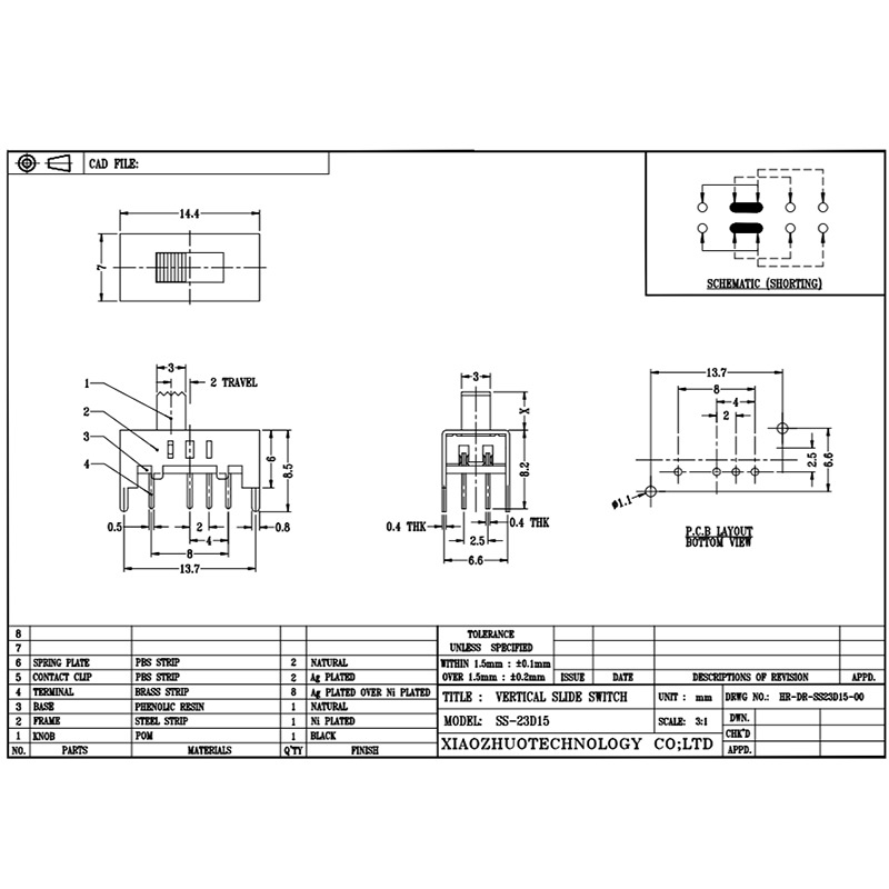 Przełącznik slajdów SS23D15 Mini -zabawka przesuwna pasmo przesuwna