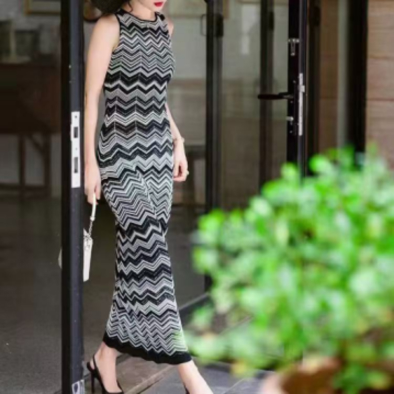 Summer Knit Okrągła szyja długie rękawowe swetra intercolor, v, v-Zestaw sukienki z drogi bez rękawów bez rękawów