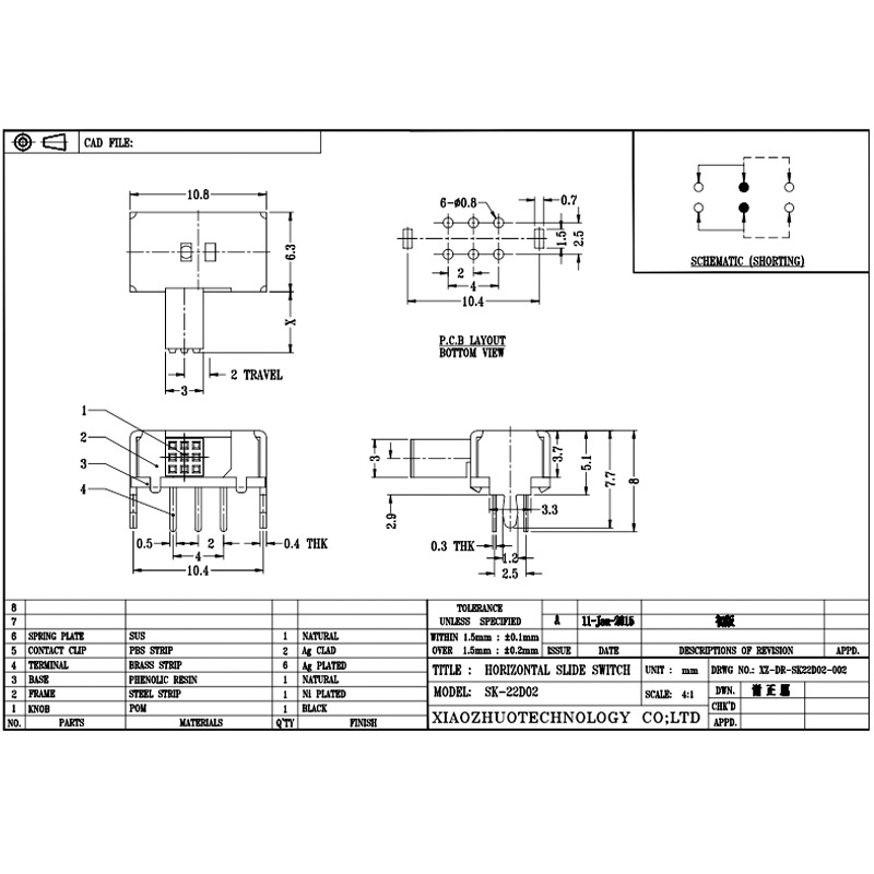 Miniaturowy przełącznik slajdów SK22D02, mały przełącznik do kontroli elektronicznej, elektrycznej, komunikacji i przemysłowej z dwoma zakresami pasm 2P i 2T