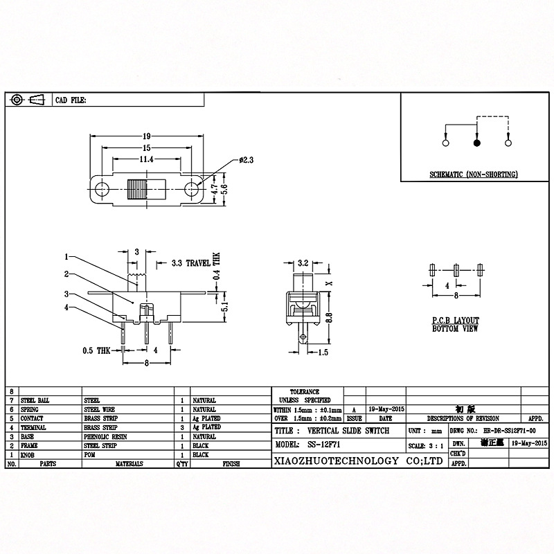 przełącznik slajdów SS12F71 Toy Audio Single-Rząd trzy-Przełącznik ślizgowy LED LED Mikro pionowe przełącznik przełącznika